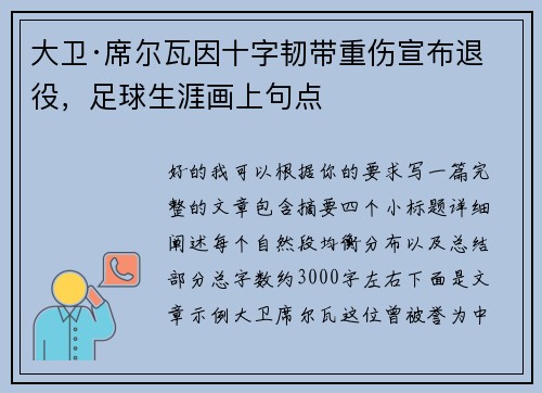 大卫·席尔瓦因十字韧带重伤宣布退役，足球生涯画上句点